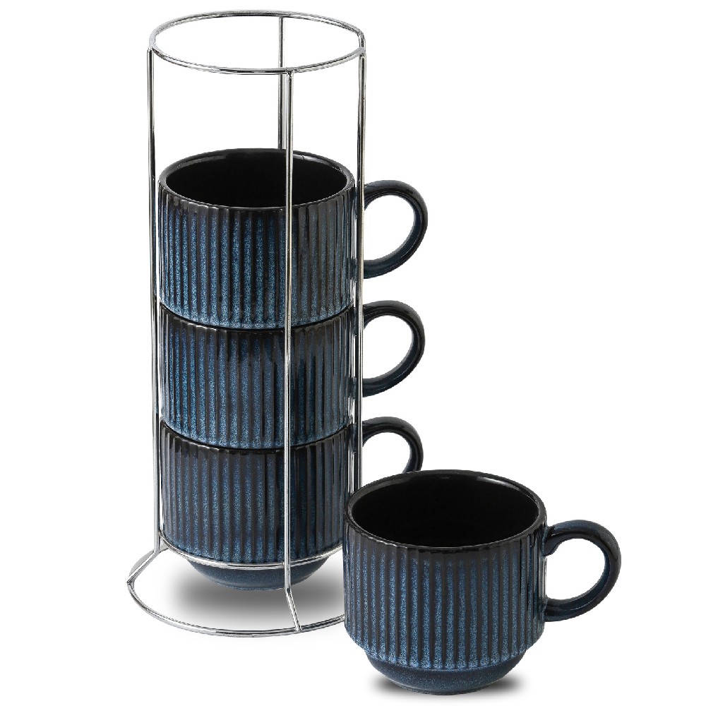 Tikooere Stackable Coffee Mugs Set of 4 with Stand - 15 Ounces - Blue