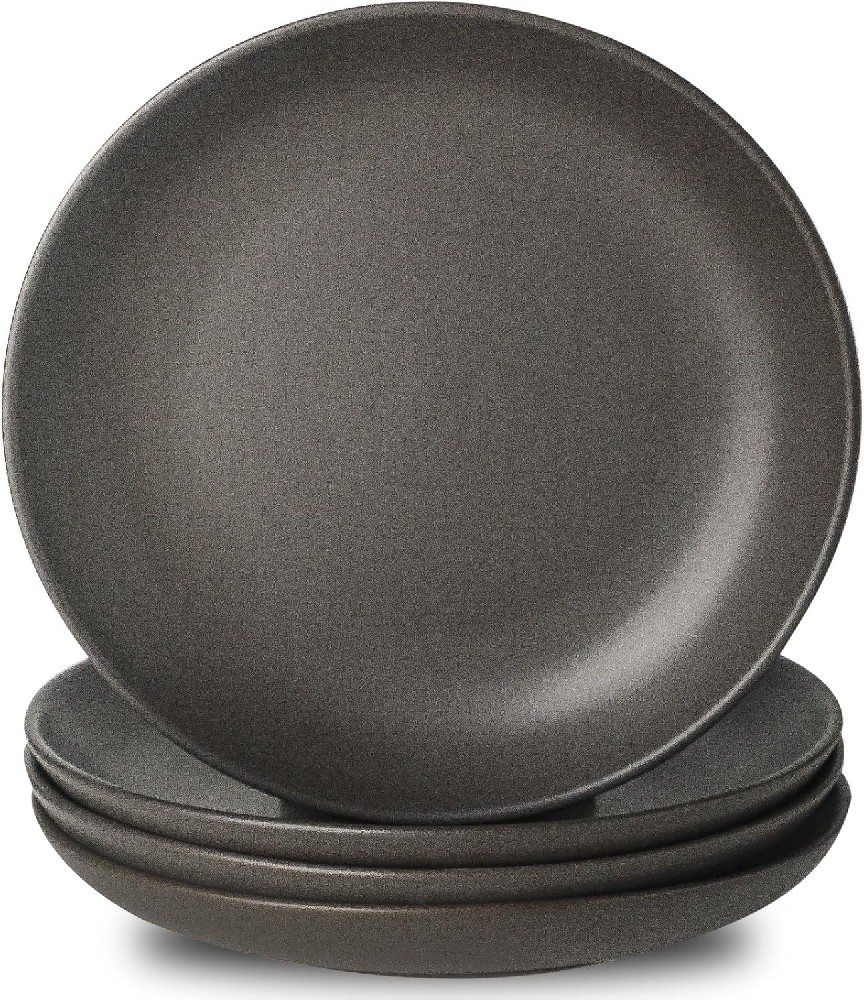 Stoneware Dinner Plates, 10 Inch Serving Dishes Set of 4 for Kitchen, Ceramic Dinnerware Dishes for Steak, Pancakes, Scratch Resistant Plate Set, Microwave & Dishwasher Safe, Matte Black