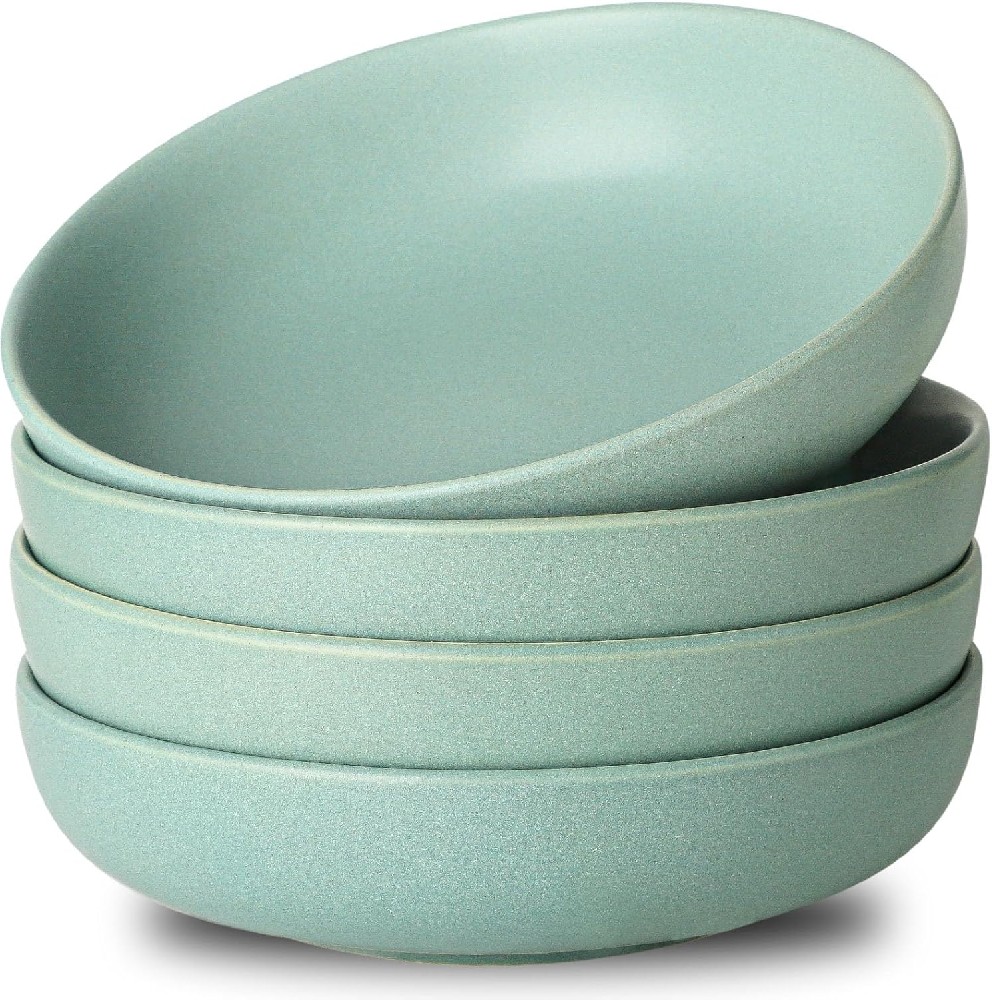 Stoneware Pasta Bowls, 34 oz Salad Bowls Set of 4, Large Kitchen Bowls for Pasta, Salad, Dinner, Ceramic Bowl Plates for Farmhouse Gift, Microwave & Dishwasher Safe, Matte Turquoise