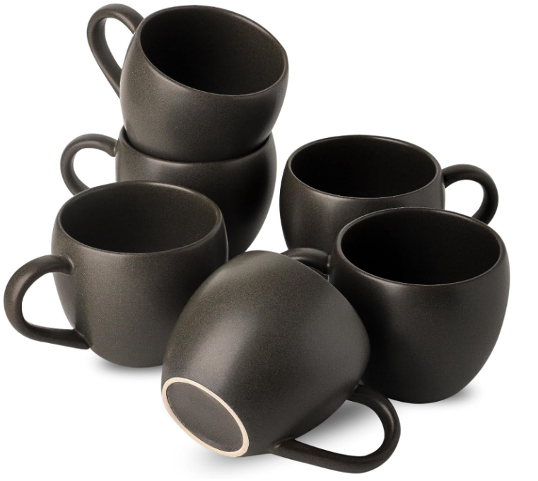 Coffee Mugs Set of 6, Ceramic 16 oz Coffee Cups with Big Handle for Coffee, Milk, Tea, Latte, Cereal, Unique Glaze Stoneware Mugs for Christmas Gifts, Microwave & Dishwasher Safe, Black