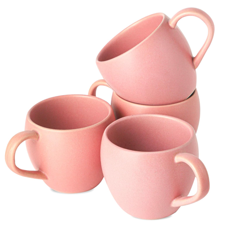 Stoneware Coffee Mugs, 16 oz Large Coffee Cups for Tea Milk Cocoa Cappuccino Mocha, Cute Mugs Set for Housewarming Wedding Birthday Women Wife Mom Gift, Set of 4, Matte Pink