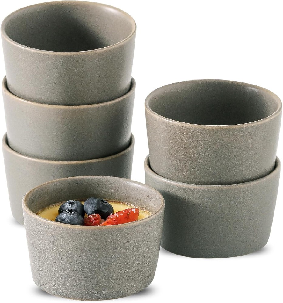 Ramekins 4 oz, Oven Safe Soufflé Dishes for Creme Brulee, Souffle, Custard, Pudding, Ice Cream, Stoneware Sauce Bowls, Ceramic Baking Dishes Set of 6, Kitchen Decor Gift, Matte Gray