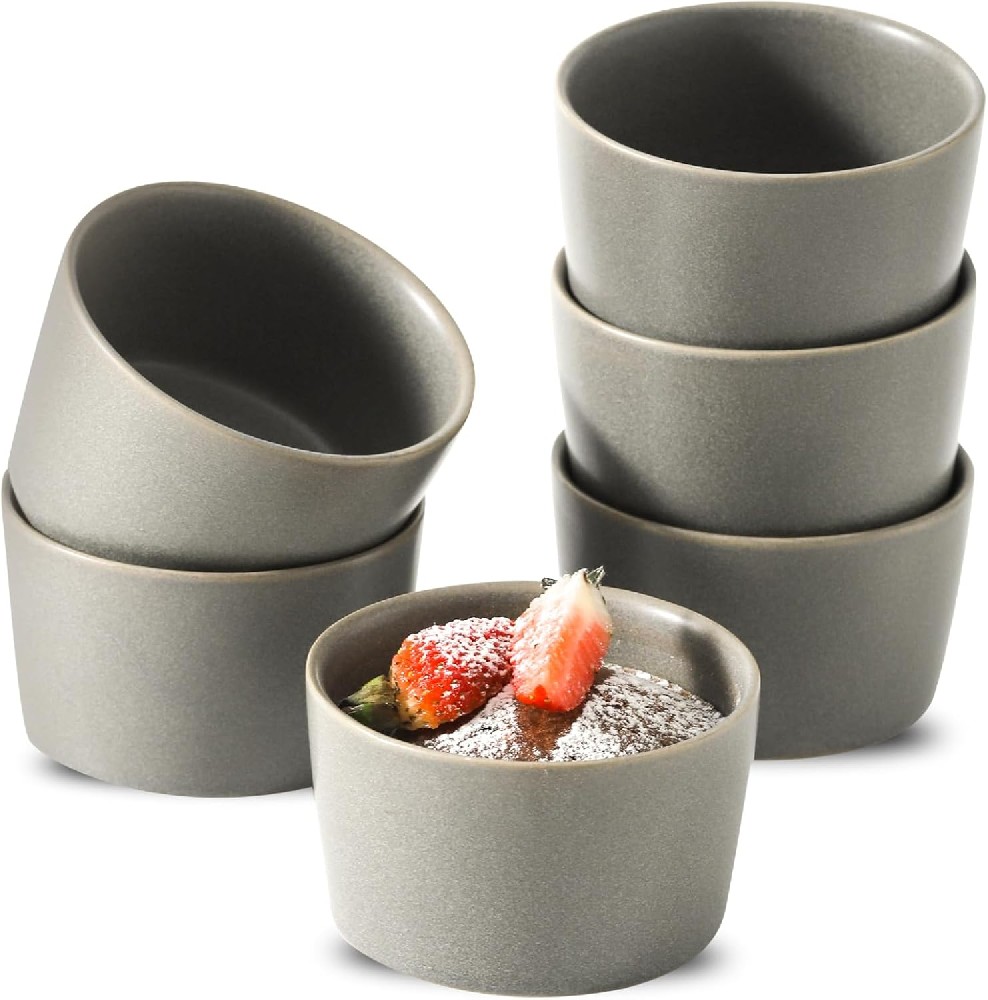 Ramekins 6 oz, Oven Safe Soufflé Dishes for Creme Brulee, Souffle, Custard, Pudding, Lava Cake, Stoneware Sauce Bowls, Ceramic Baking Dishes Set of 6, Kitchen Decor Gift, Matte Gray