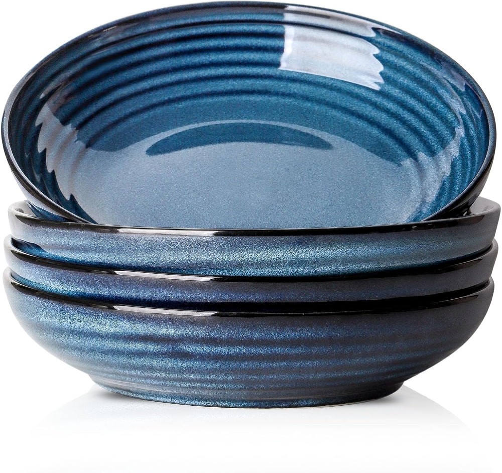 Pasta Bowls 32 OZ,Ceramic Salad Serving Bowls Set of 4,Large 8.7 inch Shallow Bowls Plates for Soup,Fruit,Noodle,Dinner,Dishwasher & Microwave Safe,Navy Blue