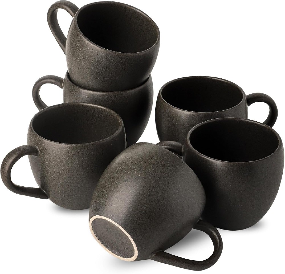 Coffee Mugs Set of 6, Ceramic 16 oz Coffee Cups with Big Handle for Coffee, Milk, Tea, Latte, Cereal, Unique Glaze Stoneware Mugs for Christmas Gifts, Microwave & Dishwasher Safe, Black