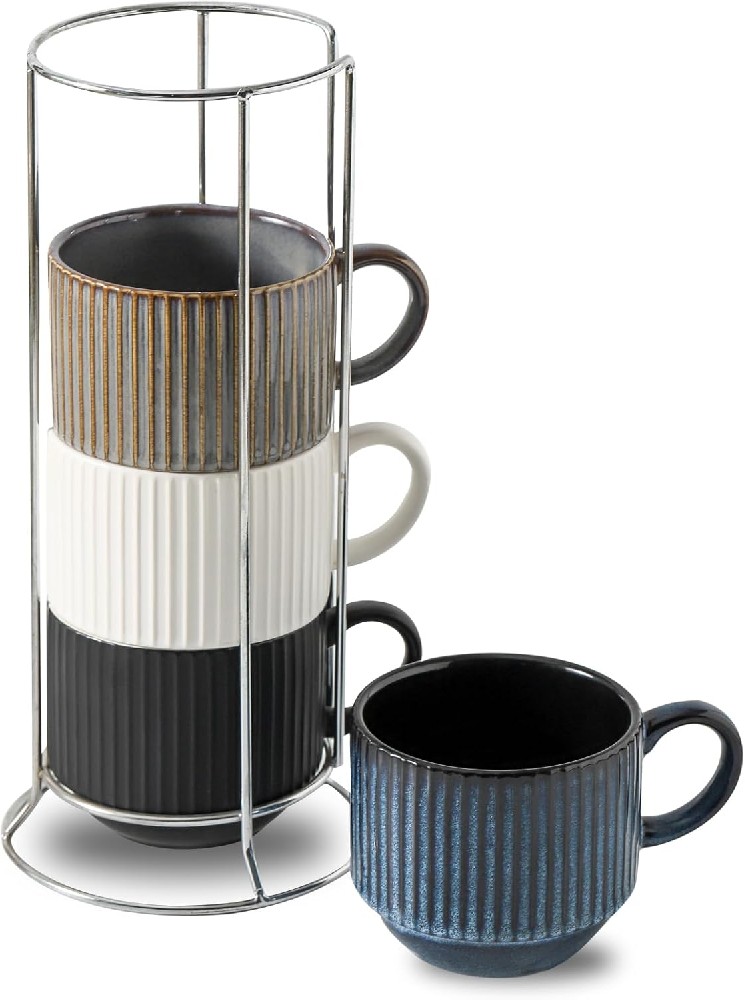 Ceramic Coffee Mugs with Stand,15 Ounce Stackable Coffee Cups Set of 4 for Latte,Cappuccino,Mocha,Cocoa,Ribbed Vintage Coffee Cups for Men Women,Dishwasher & Microwave Safe,Striped Multicolor