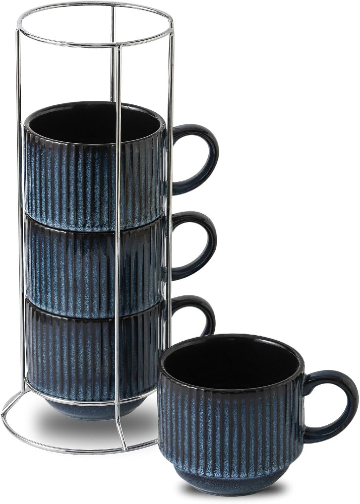 Ceramic Coffee Mugs with Stand, 15 Ounce Stackable Coffee Cups Set of 4 for Latte, Cappuccino, Mocha, Cocoa, Ribbed Vintage Coffee Cups for Men Women Gift, Dishwasher & Microwave Safe, Blue