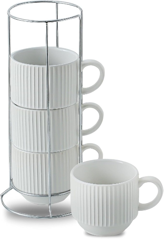 Ceramic Coffee Mugs with Stand, 15 Oz Stackable Coffee Cups Set of 4 for Latte, Milk, Tea, Unique Gift for Thanksgiving Christmas Housewarming, Dishwasher & Microwave Safe, White