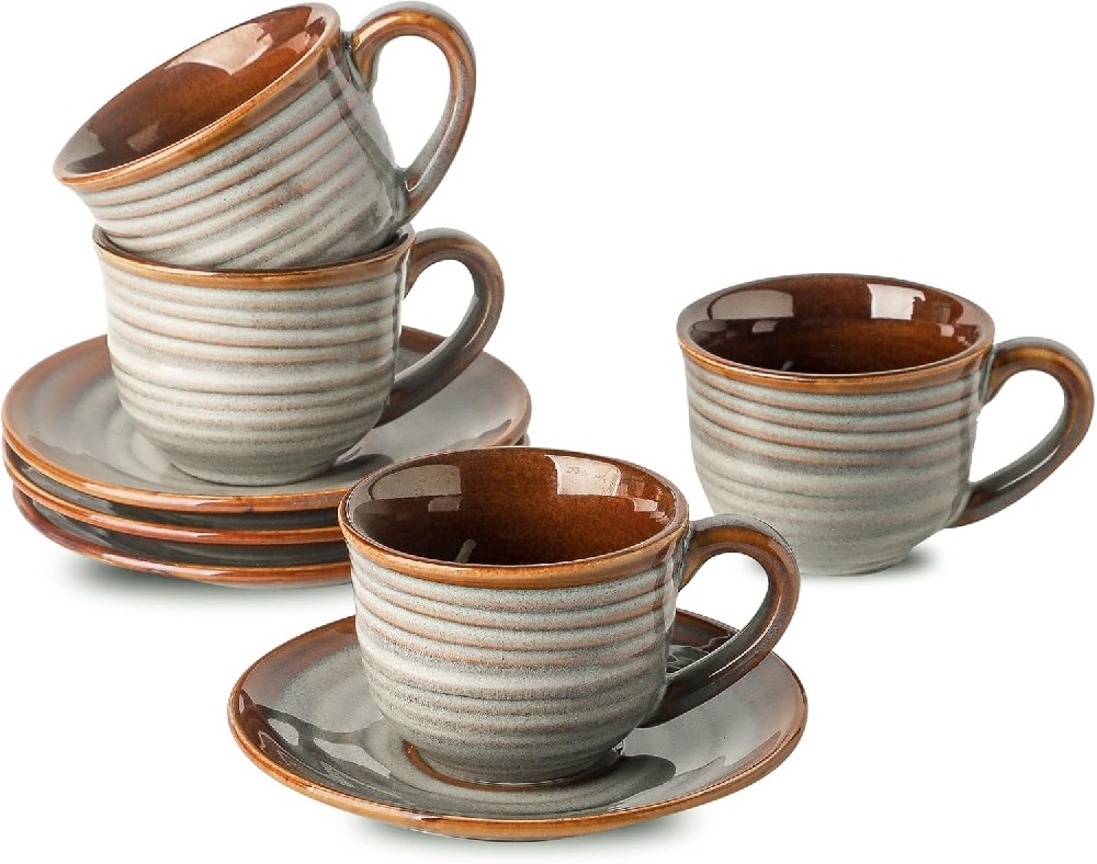 Ceramic Espresso Cups with Saucers 5 Oz,Set of 4 Porcelain Demitasse Cups Set,Small Coffee Cups with Handle for Coffee,Tea,Latte and Macchiato,Cappuccino Mugs for Kitchen and Cafe,Brown