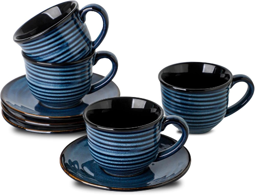 Ceramic Espresso Cups with Saucers 5 Oz,Set of 4 Cappuccino Mug with Handle for Coffee,Tea,Latte and Macchiato,Porcelain Demitasse Cups Set for Kitchen and Cafe,Navy Blue