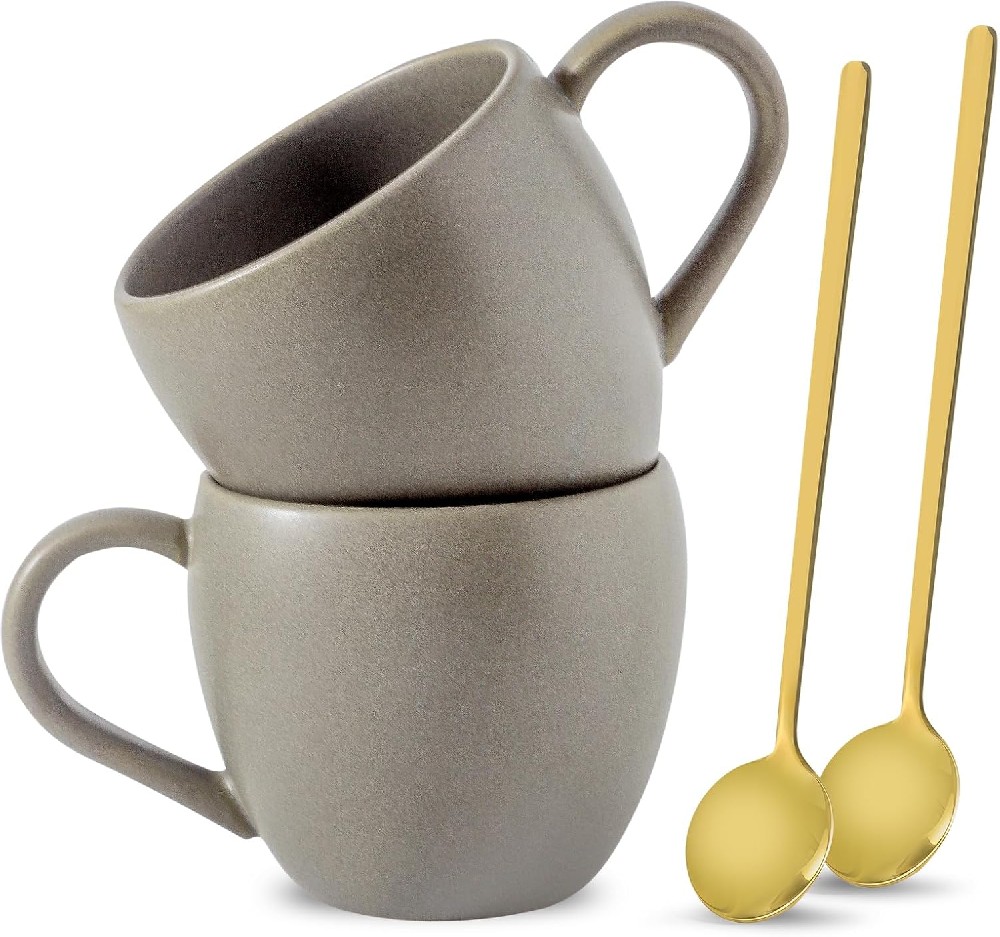 Coffee Mugs, 16 oz Ceramic Coffee Cups, Stoneware Coffee Mugs with Spoons for Latte, Tea, Cereal, Housewarming Wedding Anniversaries Gift, Set of 2, Matte Gray