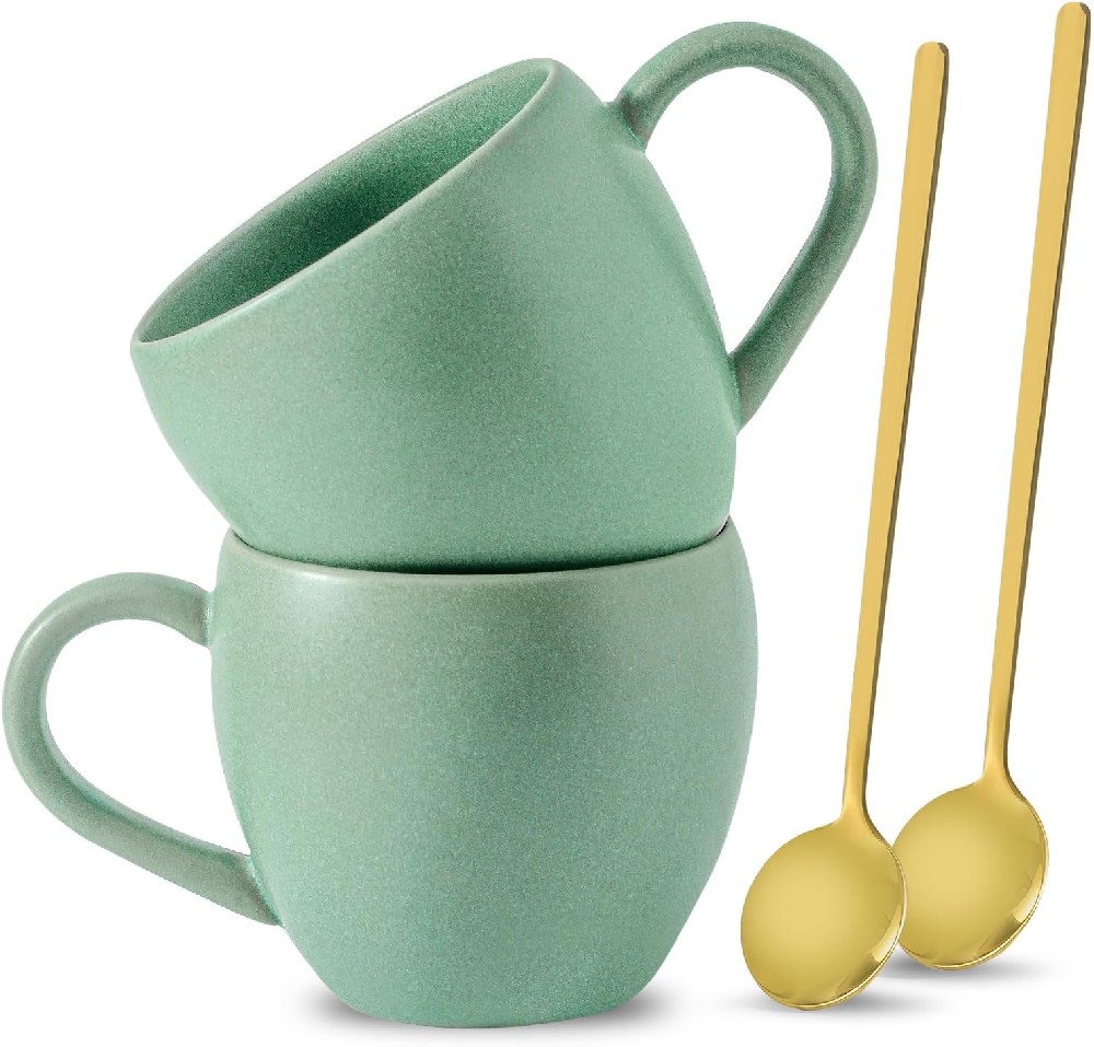 Ceramic Coffee Mugs, Stoneware Coffee Cups with Big Handle for Home Office, 16 oz Coffee Mugs with Spoons, Housewarming Birthday Anniversaries Gift, Set of 2, Matte Turquoise