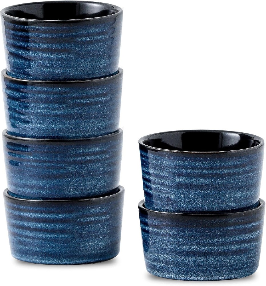 Ceramic 4 oz Ramekins,Small Souffle Dishes Set of 6, Mini Baking Bowls for Kitchen, Porcelain Dipping Sauce Cups for Creme Brulee, Pudding, Ice Cream, Lava Cakes, Microwave & Oven Safe, Blue