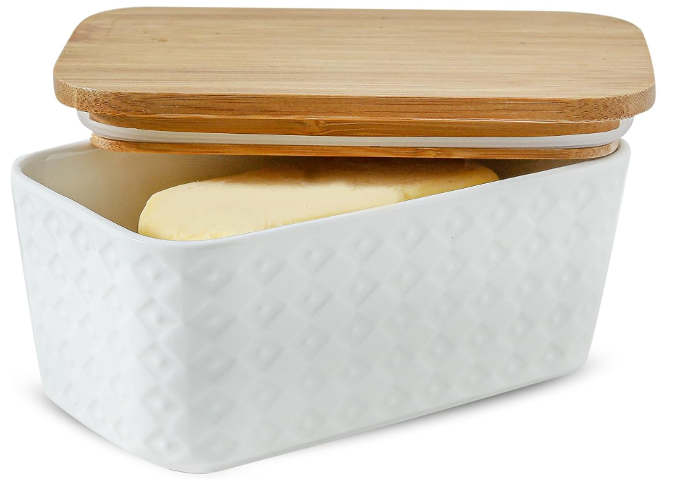 Ceramic Butter Dish with Lid,Large Butter Container with Airtight Cover for Countertop or Refrigerator,Farmhouse Butter Holder for Kitchen Gifts,Dishwasher Safe,White Embossed Pattern