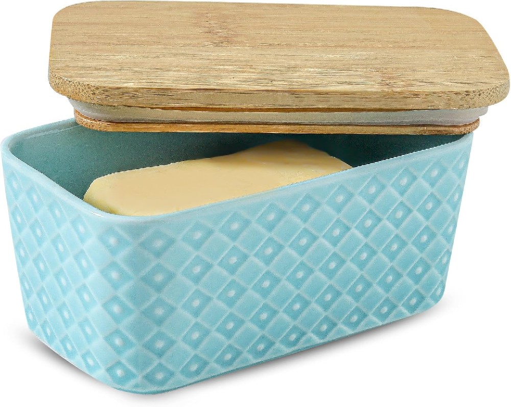 Ceramic Butter Dish with Lid,Large Butter Container with Airtight Cover for Countertop or refrigerator,Farmhouse Butter Holder for Kitchen Gifts,Dishwasher Safe,Turquoise Embossed Pattern