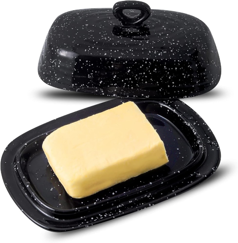 Butter Dish with Lid, Tikooere Ceramic Butter Keeper Holder with Cover for Countertop, Porcelain Butter Container with Handle for East West Coast Butter, Butter Tray Decor for Kitchen Gifts, Black