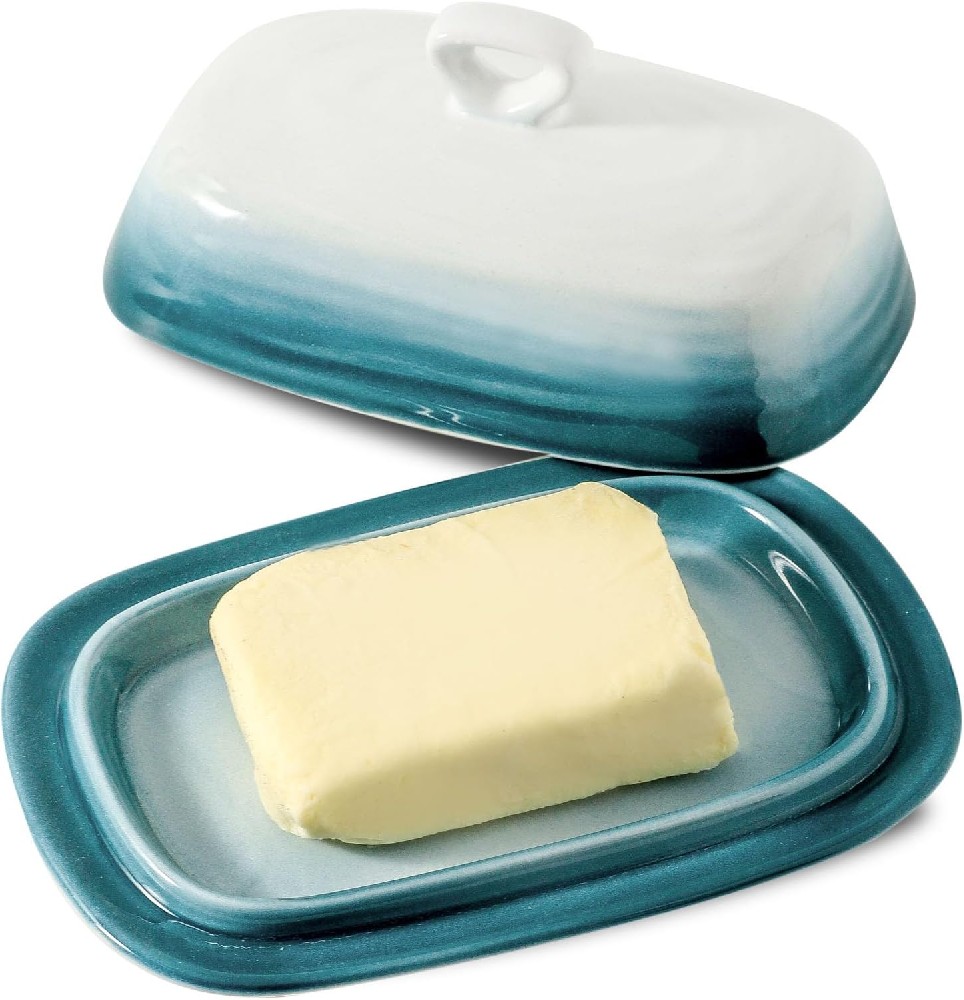 Butter Dish with Lid for Countertop, Large Butter Container with Handle for East West Coast Butter, Ceramic Butter Keeper Holder for Housewarming Wedding Gift, White & Blue