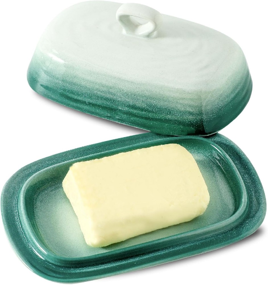 Butter Dish, Ceramic Butter Dish with Lid for Countertop, Farmhouse Butter Container with Handle for East West Coast Butter, Butter Tray Holder for Home Kitchen Decor Gift, White & Green