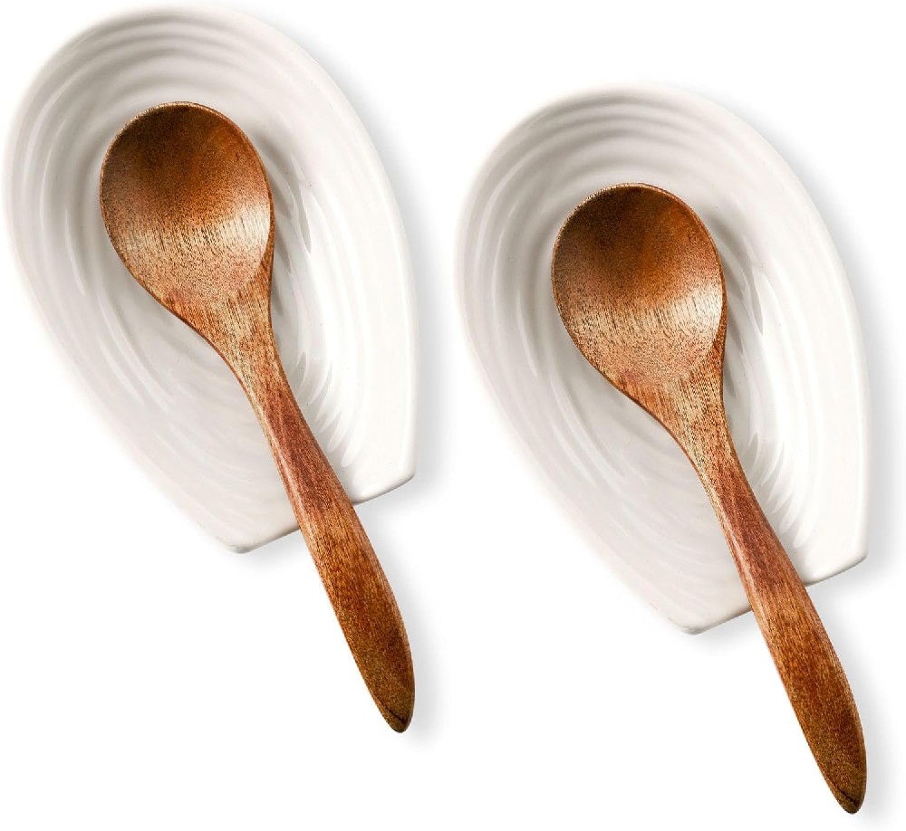 Spoon Rest for Stove Top, Kitchen Utensil Spoon Holdr for Countertop, Porcelain Spatula Holder for Coffee Spoons, Tongs, Ladles, 2-Pack Cute Spoon Rest for Gifts (White)