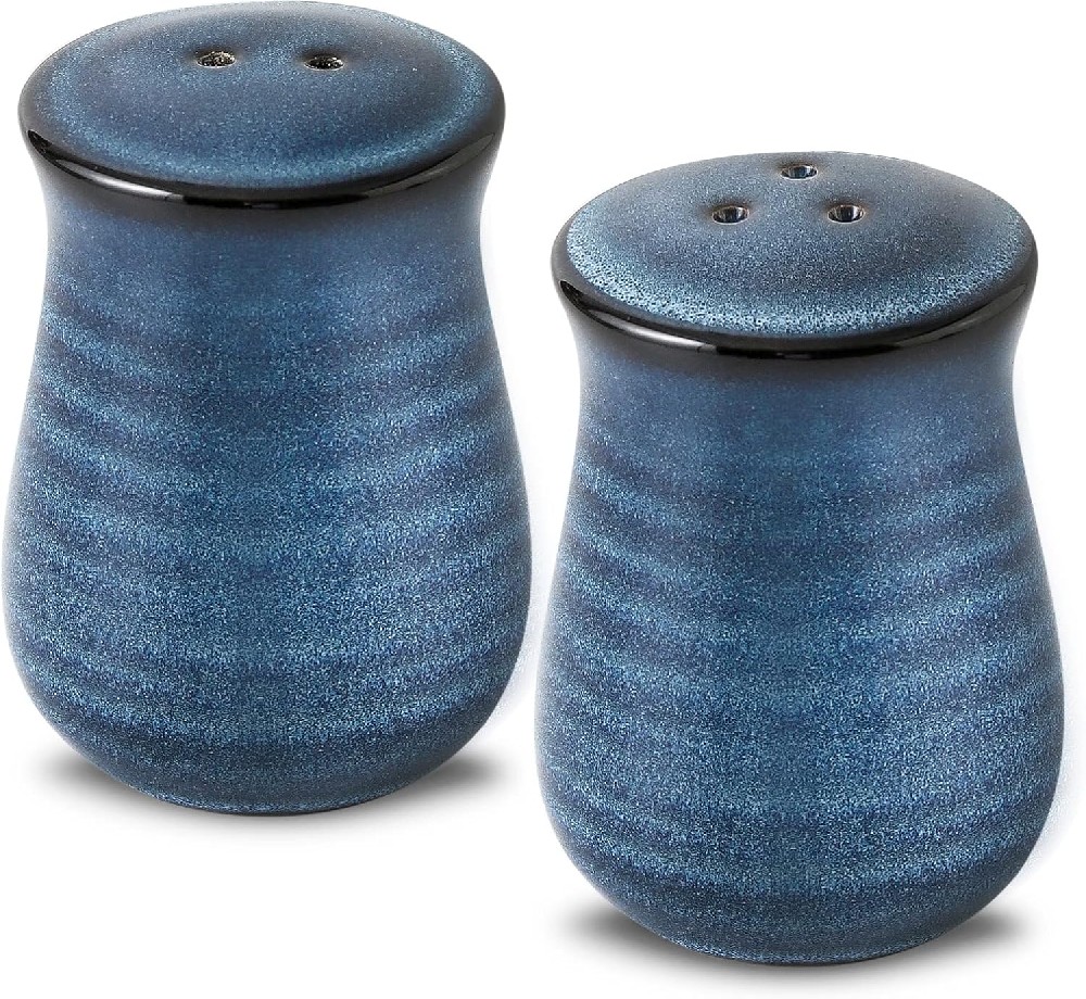 Farmhouse Ceramic Salt and Pepper Shakers Set, Tikooere Blue Vintage Rustic Salt Shakers of 2 for Kitchen and Restaurant Decor, Porcelain Spice Shaker for Compact Cooking,Travel,BBQ