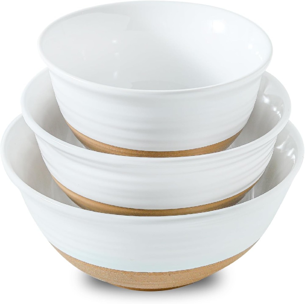 Ceramic Mixing Bowls,Large Serving Bowls 2.1/1.5/1.0 Qt,Salad Bowls Set of 3 for Kitchen Space Saving Storage,Nesting Bowls for Cooking,Popcorn,Soup,Fruit, Microwave & Dishwasher Safe,White