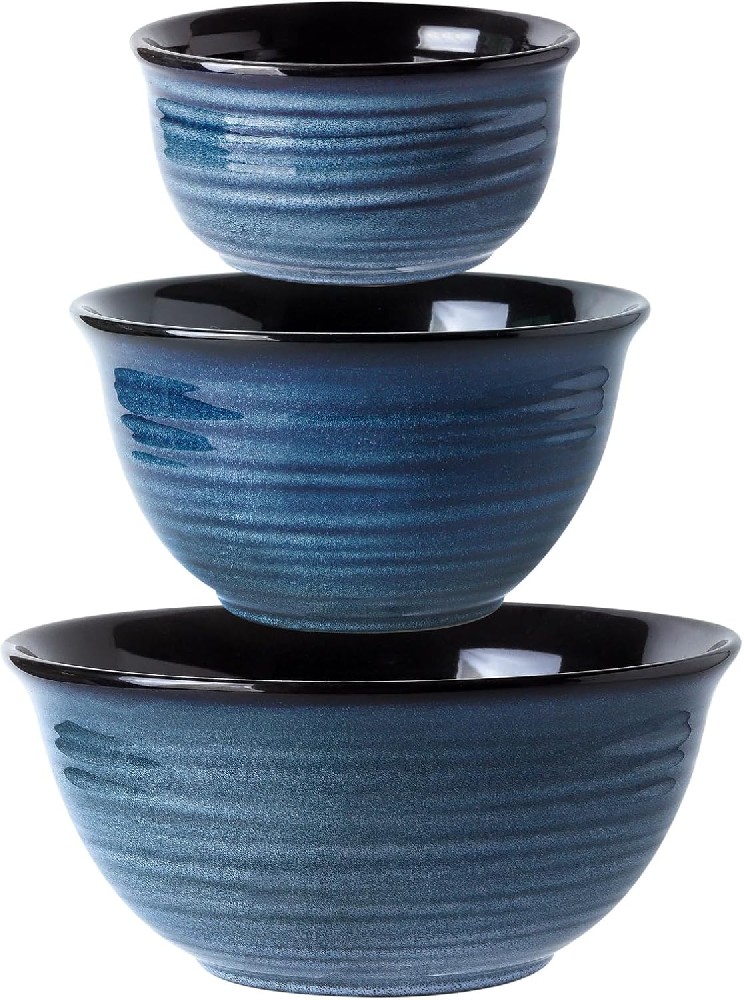 Ceramic Mixing Bowls, Tikooere Serving Bowls Set of 3 for Kitchen, Large Nesting Bowls for Cooking,Baking, Versatile Serving Dishes for Space Storage, 2.11.00.5 Qt, Dishwasher & Microwave Safe, Blue